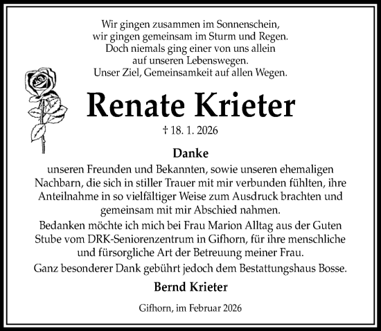Traueranzeige von Renate Krieter von Aller Zeitung