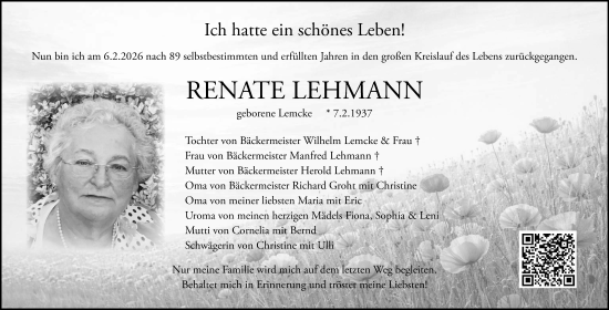 Traueranzeige von Renate Lehmann von Ostsee-Zeitung GmbH