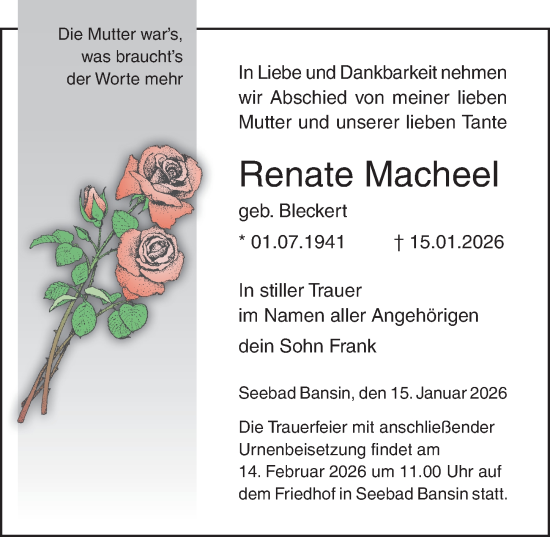 Traueranzeige von Renate Macheel von Ostsee-Zeitung GmbH