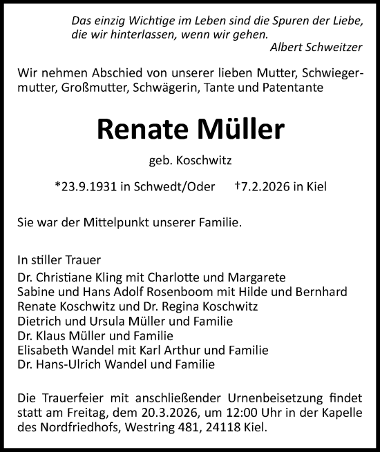 Traueranzeige von Renate Müller von Kieler Nachrichten