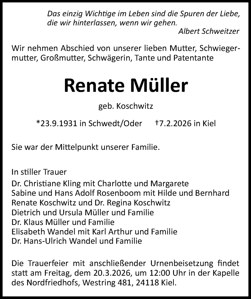  Traueranzeige für Renate Müller vom 21.02.2026 aus Kieler Nachrichten