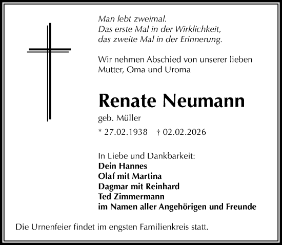 Traueranzeige von Renate Neumann von Sächsische Zeitung