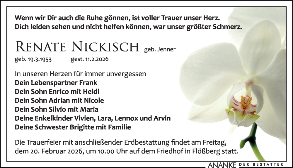  Traueranzeige für Renate Nickisch vom 14.02.2026 aus Leipziger Volkszeitung