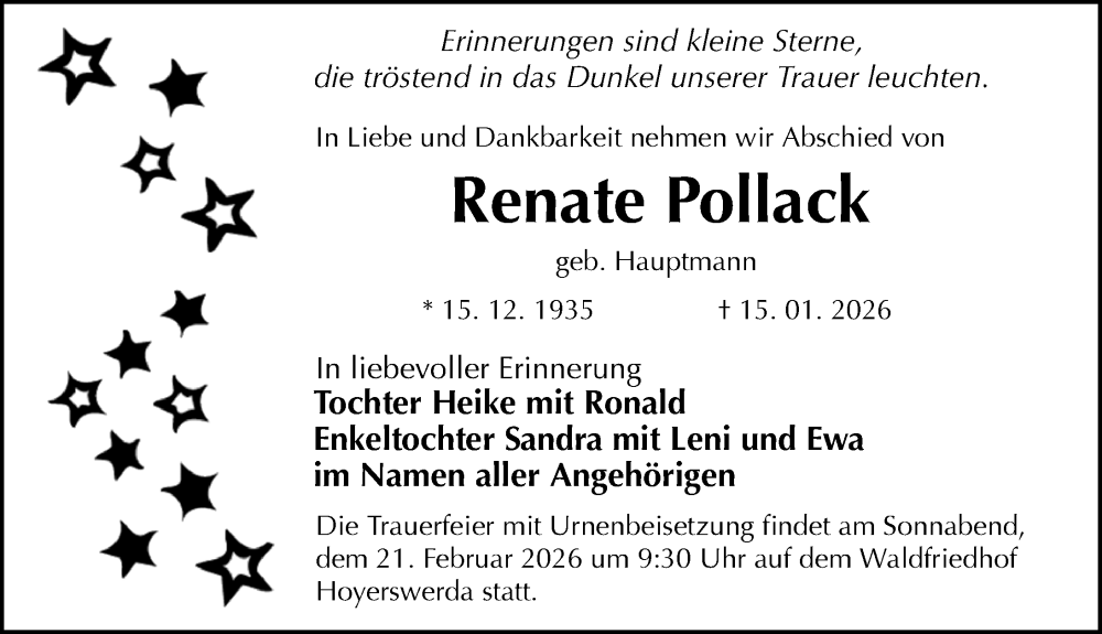  Traueranzeige für Renate Pollack vom 14.02.2026 aus Sächsische Zeitung