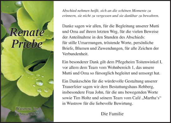 Traueranzeige von Renate Priebe von Ostsee-Zeitung GmbH
