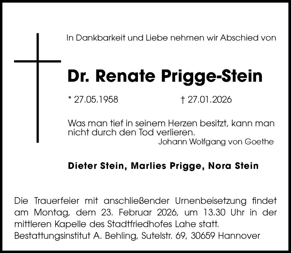  Traueranzeige für Renate Prigge-Stein vom 21.02.2026 aus Hannoversche Allgemeine Zeitung/Neue Presse