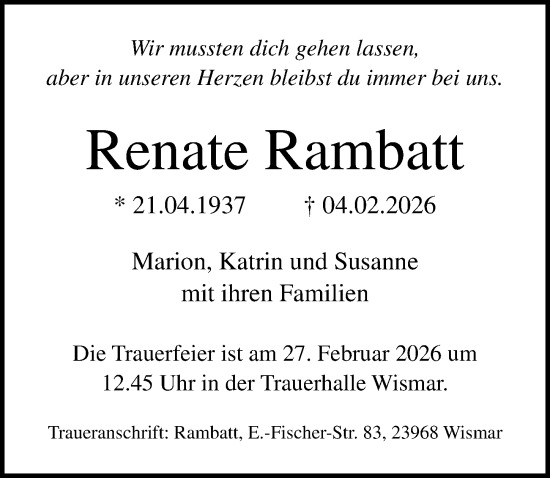 Traueranzeige von Renate Rambatt von Ostsee-Zeitung GmbH