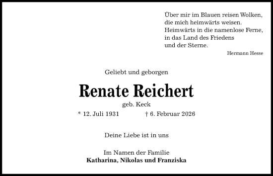 Traueranzeige von Renate Reichert von Kieler Nachrichten