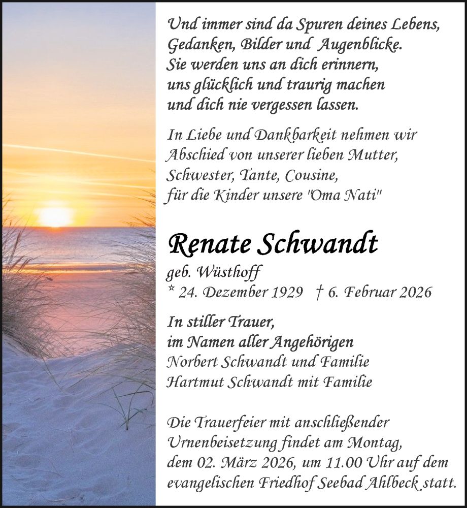  Traueranzeige für Renate Schwandt vom 14.02.2026 aus Ostsee-Zeitung GmbH