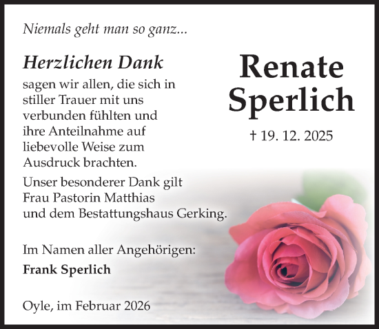 Traueranzeige von Renate Sperlich von Die Harke