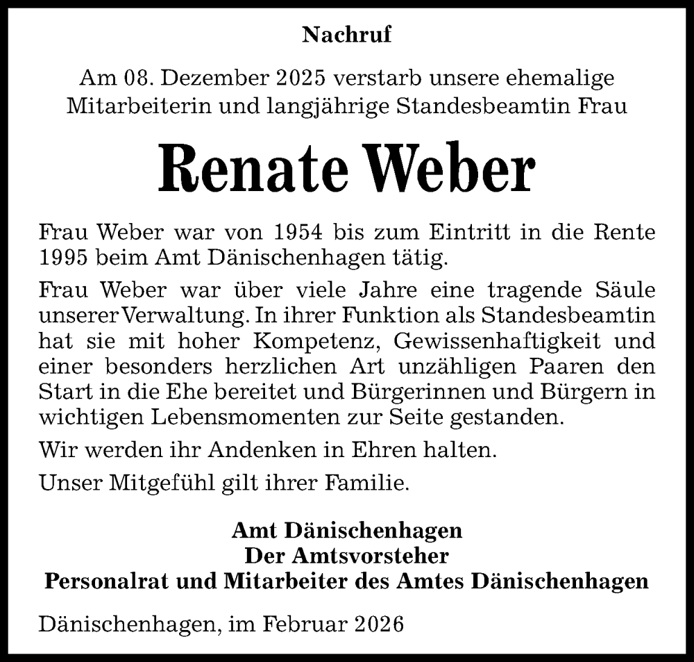  Traueranzeige für Renate Weber vom 11.02.2026 aus Kieler Nachrichten
