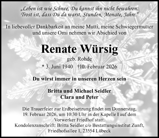 Traueranzeige von Renate Würsig von Lübecker Nachrichten