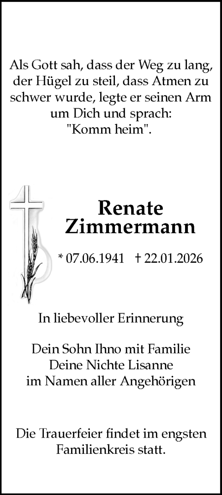 Traueranzeige von Renate Zimmermann von Sächsische Zeitung