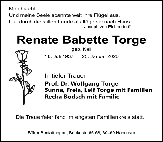 Traueranzeige von Renate Babette Torge von Hannoversche Allgemeine Zeitung/Neue Presse