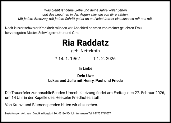 Traueranzeige von Ria Raddatz von Hannoversche Allgemeine Zeitung/Neue Presse