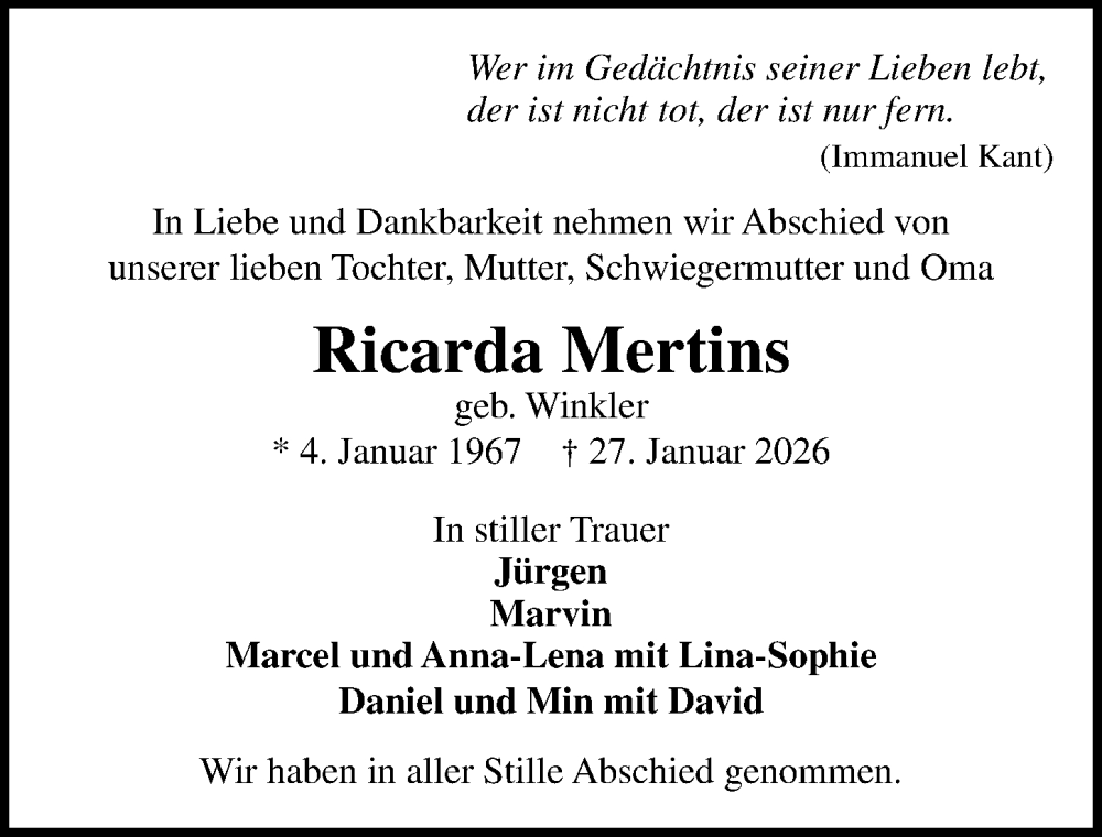  Traueranzeige für Ricarda Mertins vom 22.02.2026 aus Lübecker Nachrichten