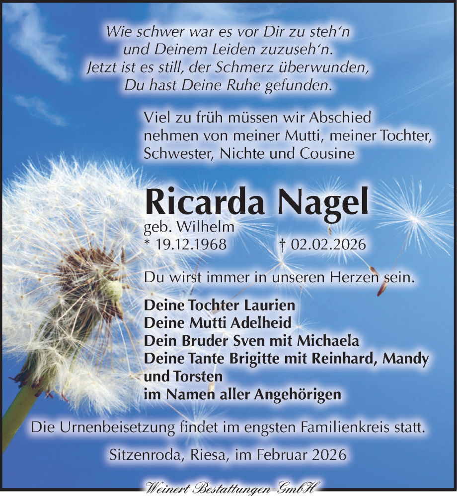  Traueranzeige für Ricarda Nagel vom 21.02.2026 aus Torgauer Zeitung
