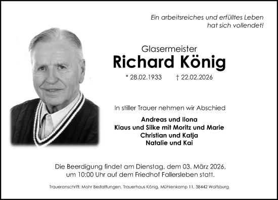 Traueranzeige von Richard König von Aller Zeitung