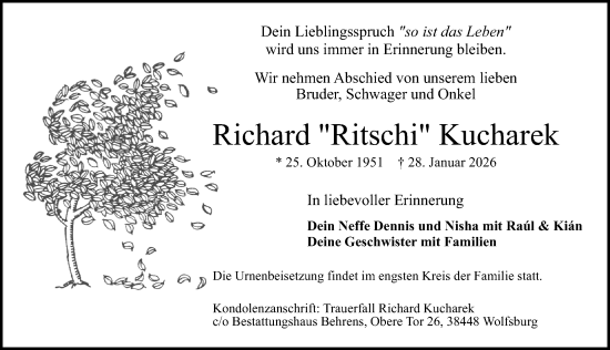 Traueranzeige von Richard Kucharek von Aller Zeitung