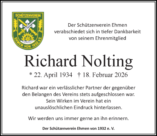 Traueranzeige von Richard Nolting von Aller Zeitung