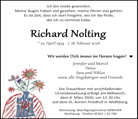 Traueranzeige von Richard Nolting von Aller Zeitung
