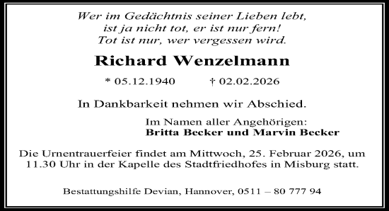 Traueranzeige von Richard Wenzelmann von Hannoversche Allgemeine Zeitung/Neue Presse