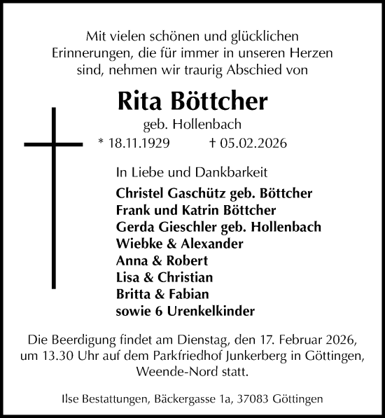 Traueranzeige von Rita Böttcher von Göttinger Tageblatt