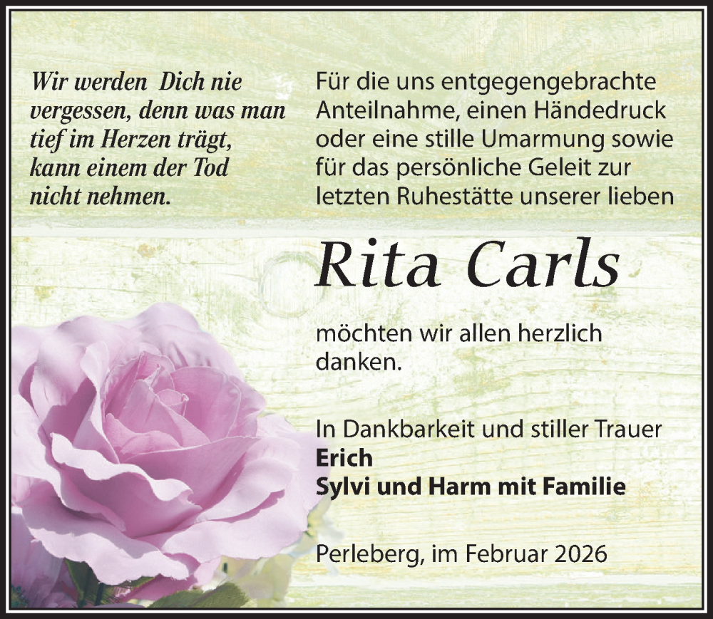  Traueranzeige für Rita Carls vom 21.02.2026 aus Wochenspiegel