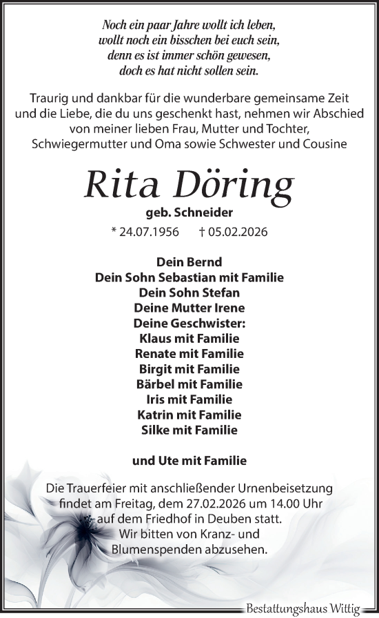 Traueranzeige von Rita Döring von Leipziger Volkszeitung