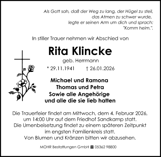 Traueranzeige von Rita Klincke von Aller Zeitung