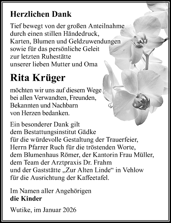 Traueranzeige von Rita Krüger von Wochenspiegel