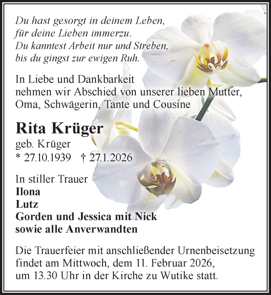  Traueranzeige für Rita Krüger vom 07.02.2026 aus Wochenspiegel