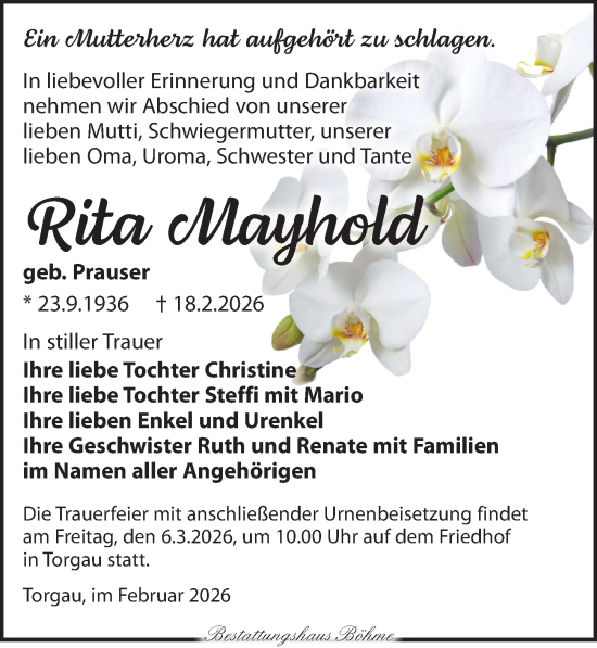 Traueranzeige von Rita Mayhold von Torgauer Zeitung