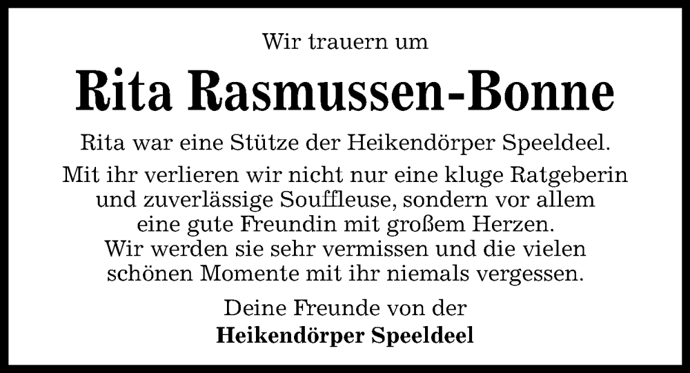  Traueranzeige für Rita Rasmussen-Bonne vom 03.02.2026 aus Kieler Nachrichten