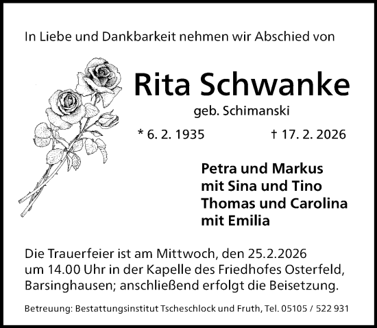 Traueranzeige von Rita Schwanke von Hannoversche Allgemeine Zeitung/Neue Presse