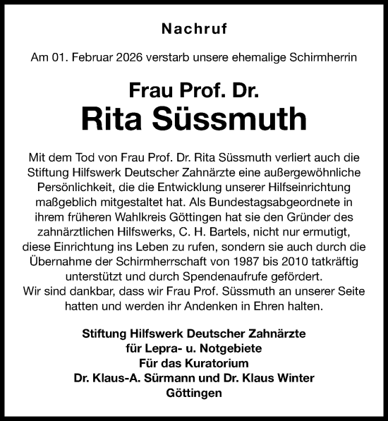 Traueranzeige von Rita Süssmuth von Göttinger Tageblatt