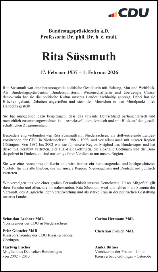 Traueranzeige von Rita Süssmuth von Göttinger Tageblatt