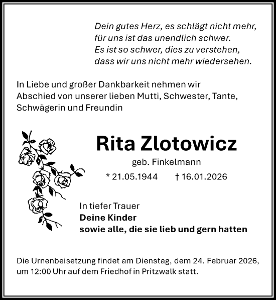 Traueranzeige von Rita Zlotowicz von Wochenspiegel