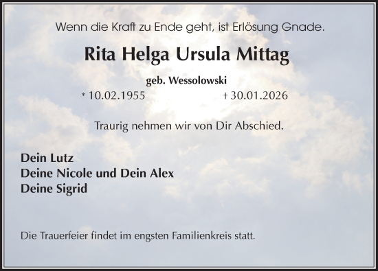 Traueranzeige von Rita Helga Ursula Mittag von Ostsee-Zeitung GmbH