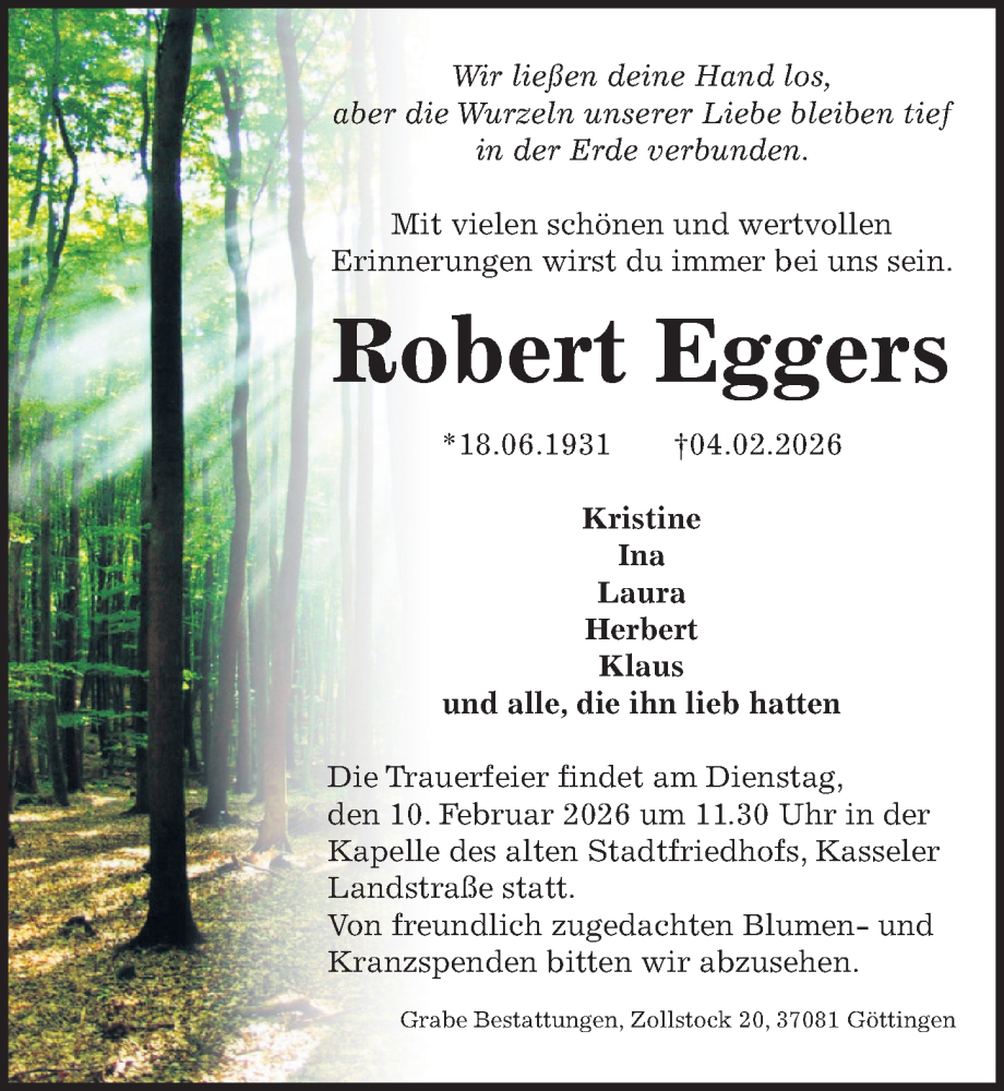  Traueranzeige für Robert Eggers vom 07.02.2026 aus Göttinger Tageblatt