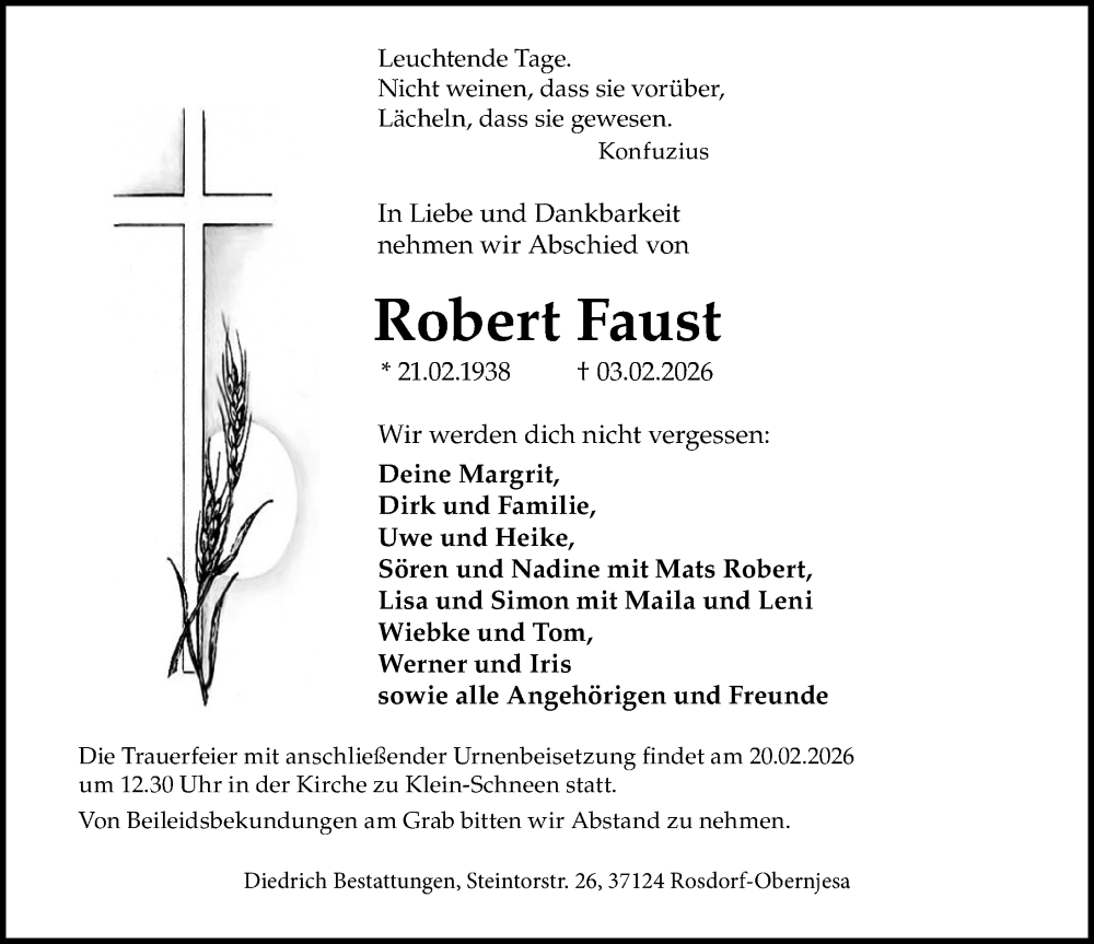  Traueranzeige für Robert Faust vom 14.02.2026 aus Göttinger Tageblatt