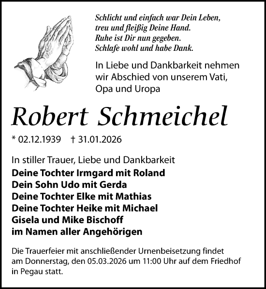 Traueranzeige von Robert Schmeichel von Leipziger Volkszeitung