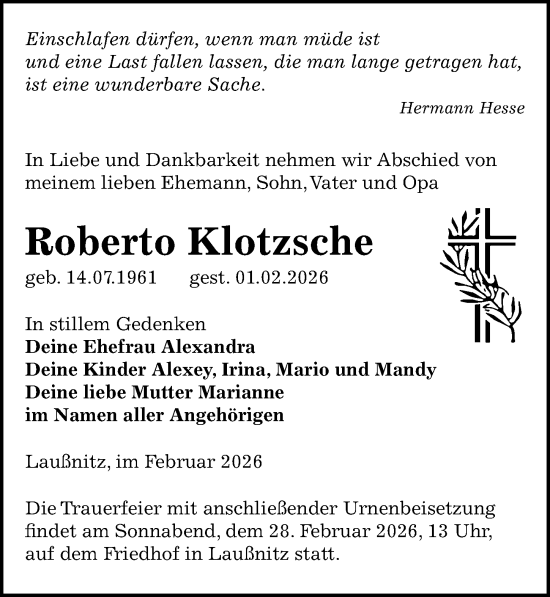 Traueranzeige von Roberto Klotzsche von Sächsische Zeitung