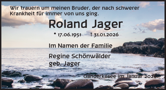 Traueranzeige von Roland Jager von Ostsee-Zeitung GmbH