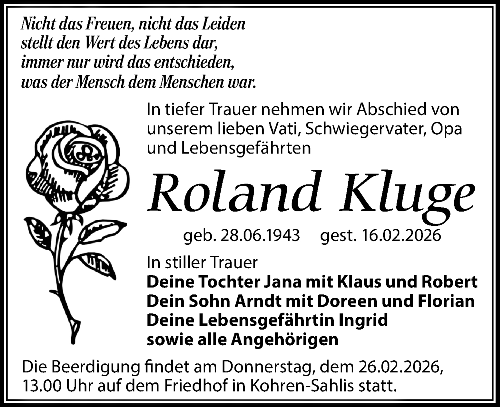  Traueranzeige für Roland Kluge vom 21.02.2026 aus Leipziger Volkszeitung