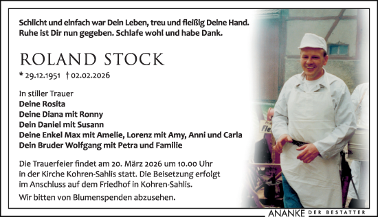 Traueranzeige von Roland Stock von Leipziger Volkszeitung