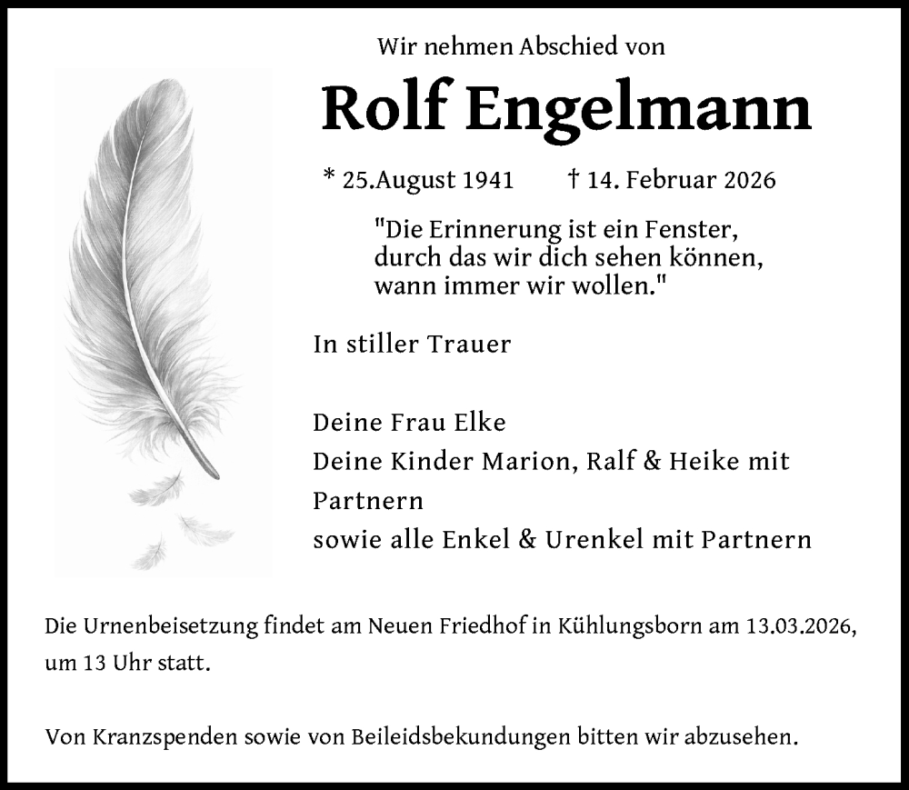  Traueranzeige für Rolf Engelmann vom 20.02.2026 aus Ostsee-Zeitung GmbH