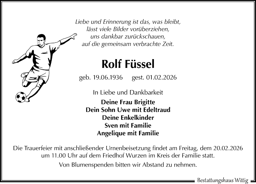  Traueranzeige für Rolf Füssel vom 14.02.2026 aus Leipziger Volkszeitung