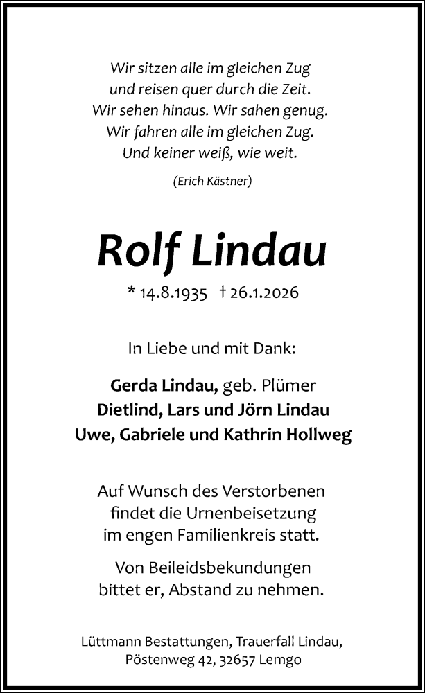  Traueranzeige für Rolf Lindau vom 07.02.2026 aus Hannoversche Allgemeine Zeitung/Neue Presse