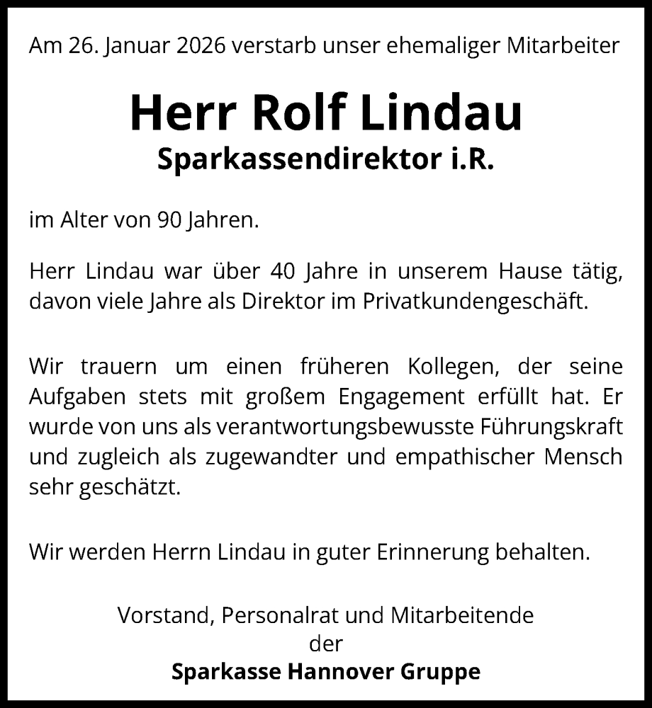  Traueranzeige für Rolf Lindau vom 14.02.2026 aus Hannoversche Allgemeine Zeitung/Neue Presse